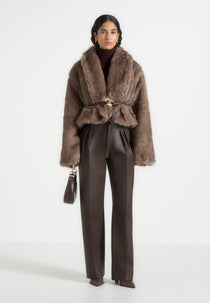 Nola - Fur Shawl Jacket with Leather Belt - Taupe