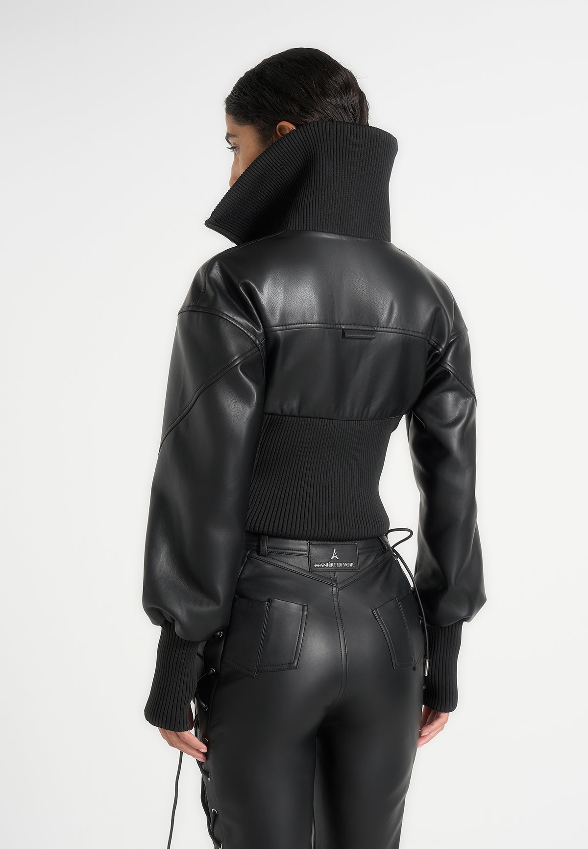 Amani - Leather Funnel Neck Contour Jacket - Black