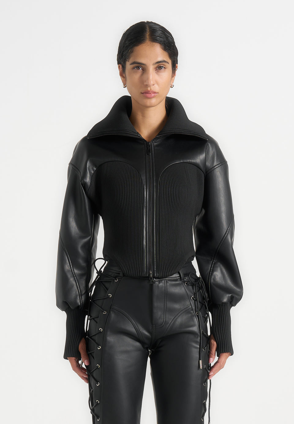 Amani - Leather Funnel Neck Contour Jacket - Black