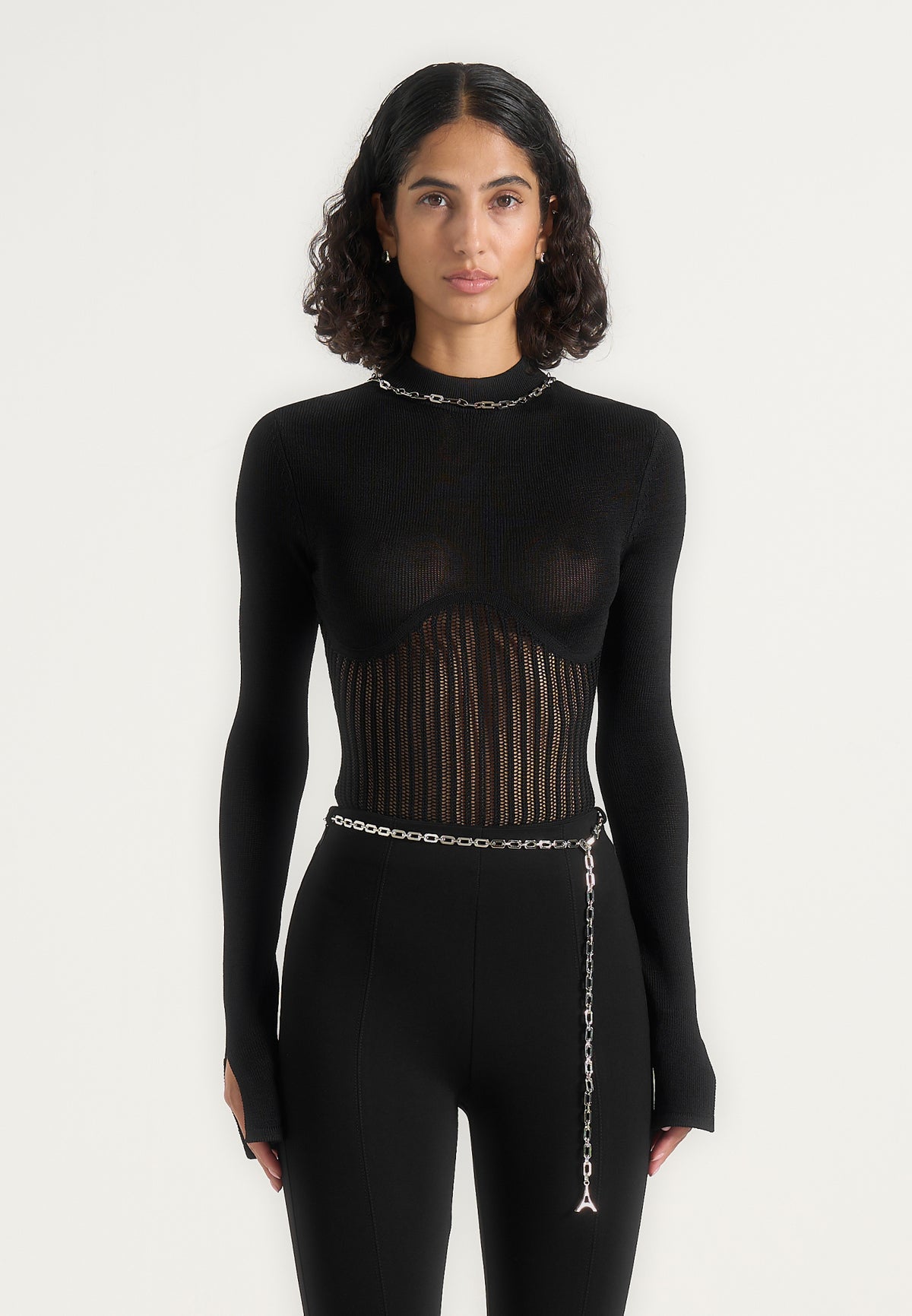 Isabeau - Contour Knit Bodysuit with Chain - Black