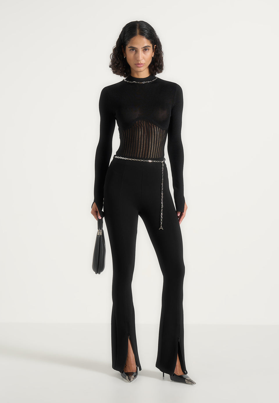Isabeau - Contour Knit Bodysuit with Chain - Black