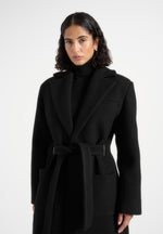 Jena - Wide Shoulder Wool Coat with Cinch Belt - Black