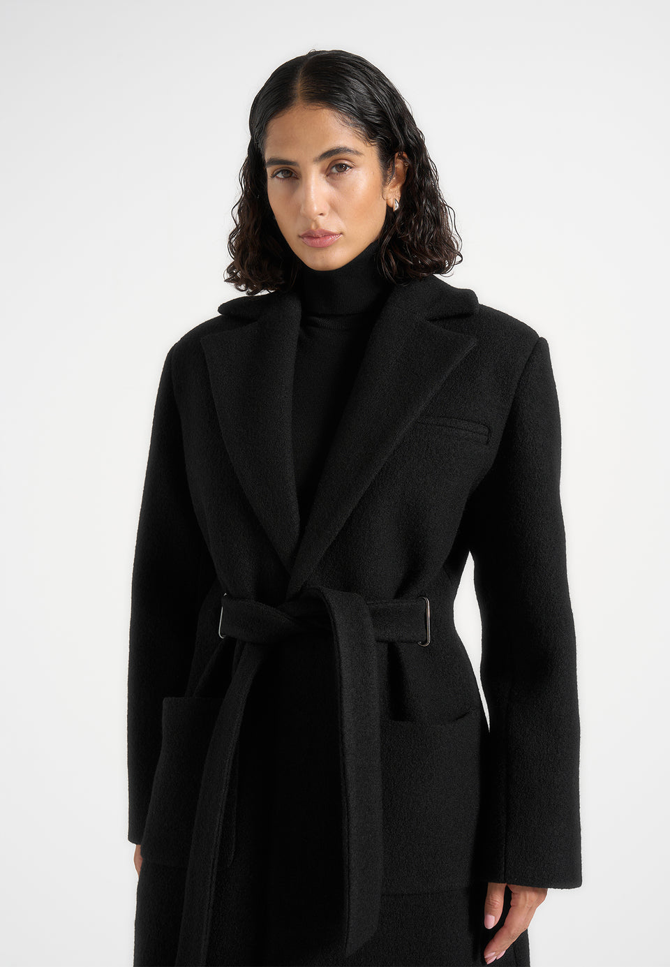 Jena - Wide Shoulder Wool Coat with Cinch Belt - Black