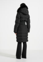 Mira - Fur Hood Corset Longline Puffer Coat - Black