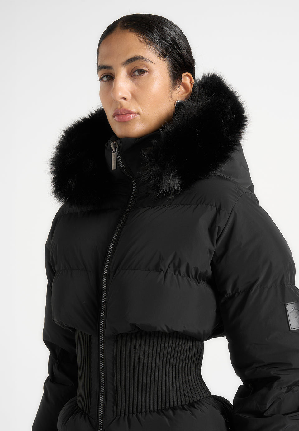 Mira - Fur Hood Corset Longline Puffer Coat - Black