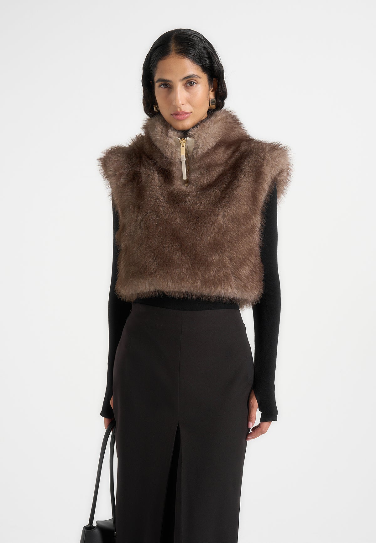 Nayla - High Neck Fur Gilet - Taupe