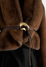 Nola - Fur Shawl Jacket with Leather Belt - Brown