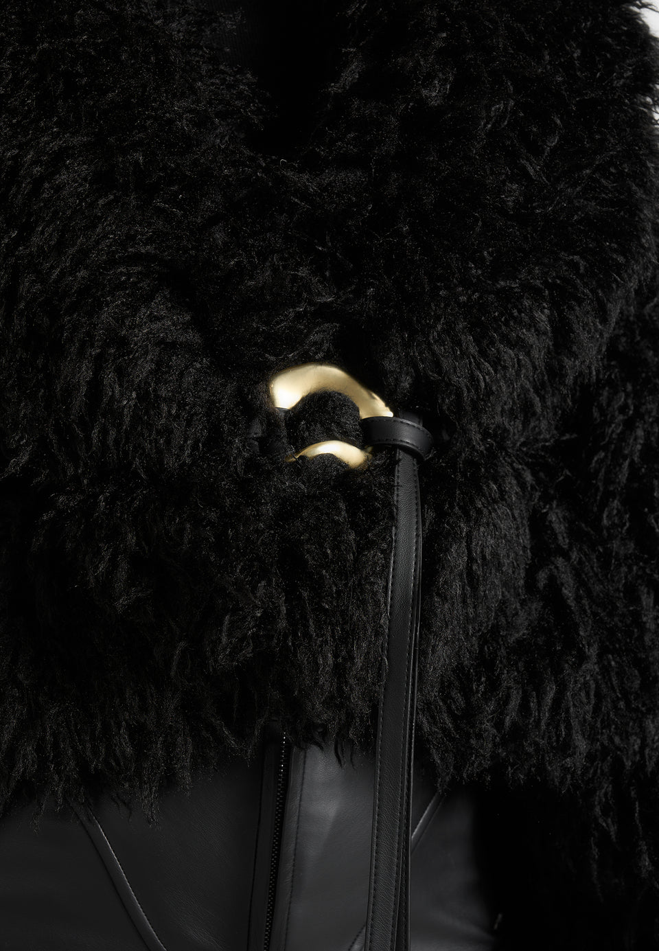 Nola - Mongolian Fur Shawl Jacket with Leather Belt - Black