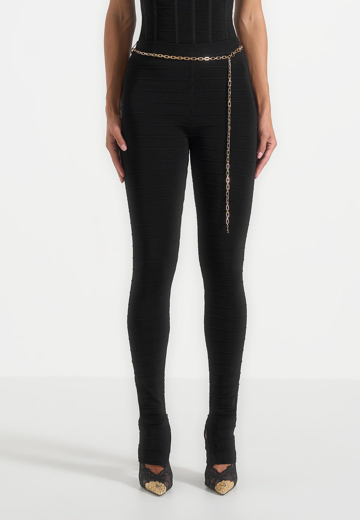 Leigh - Ottoman Bandage Knit Split Hem Leggings - Black