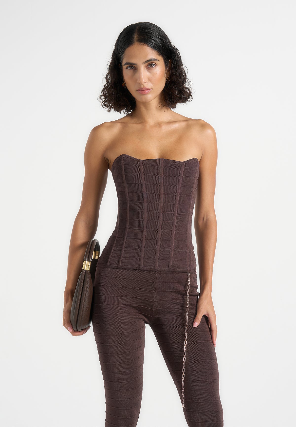 Karima - Ottoman Bandage Knit Corset Top - Brown