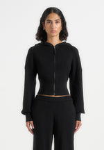 Lexie - Cropped Knit Zip Hoodie - Black