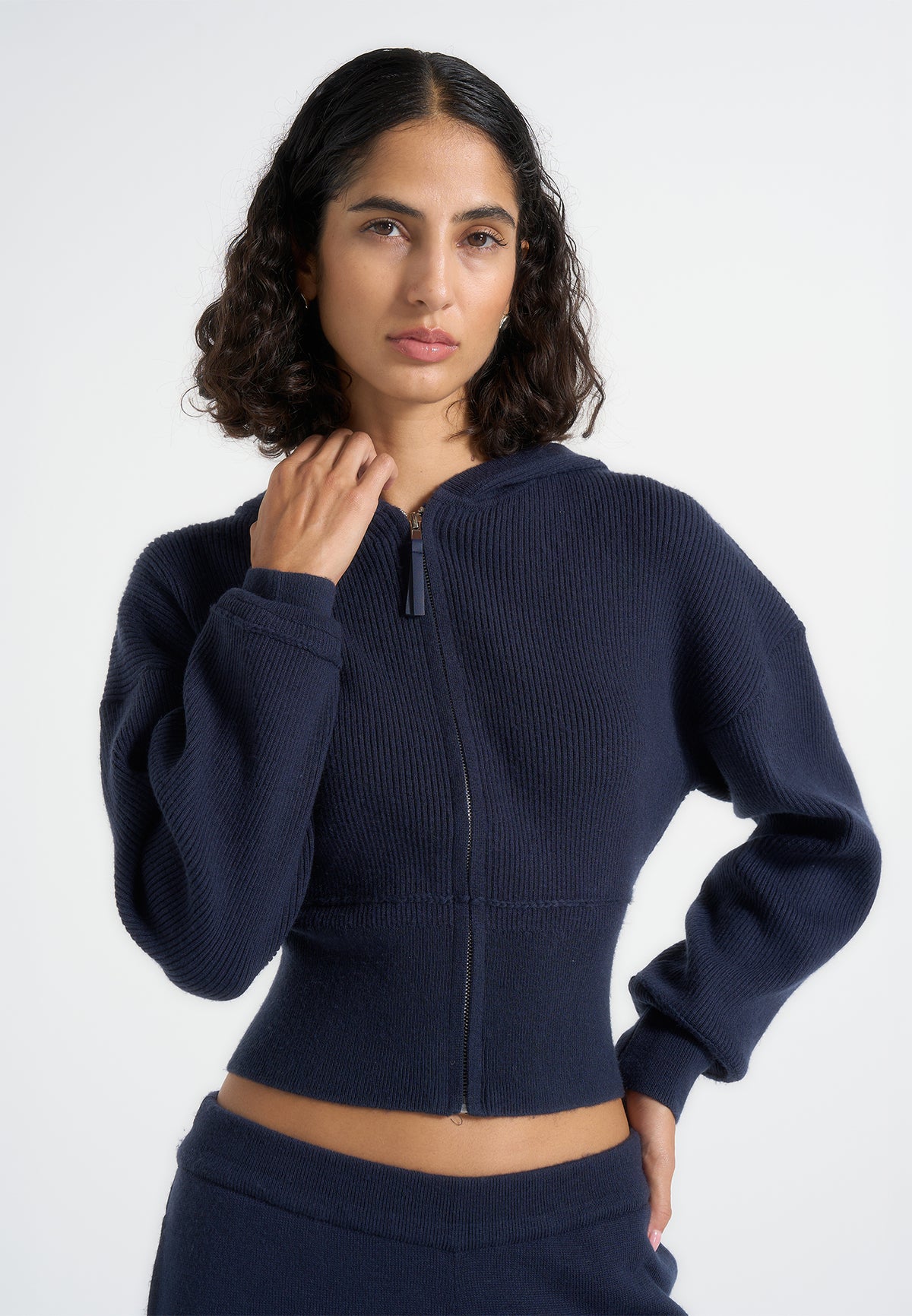 Lexie - Cropped Knit Zip Hoodie - Navy