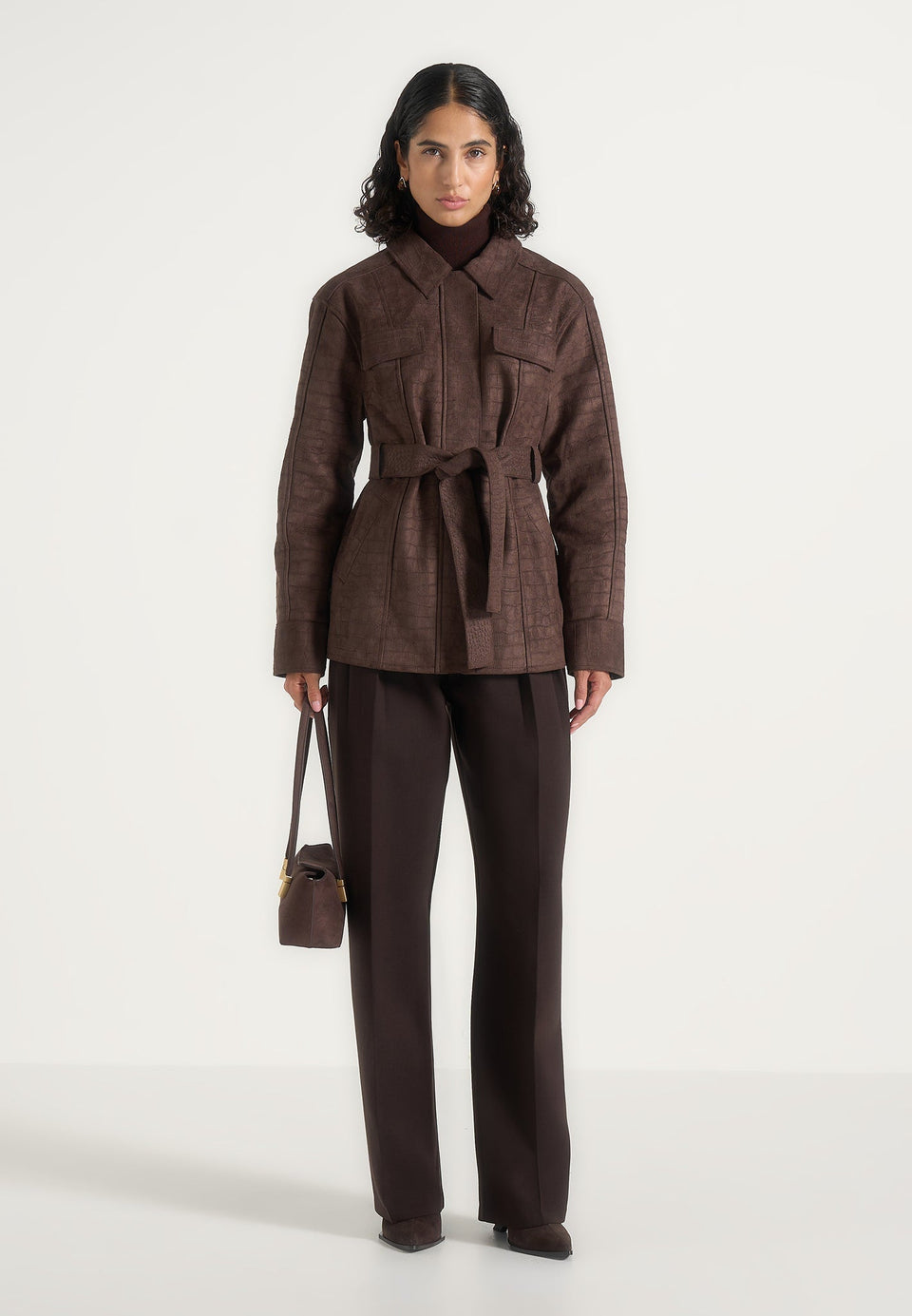Annika - Croc Suede Belted Utility Jacket - Brown