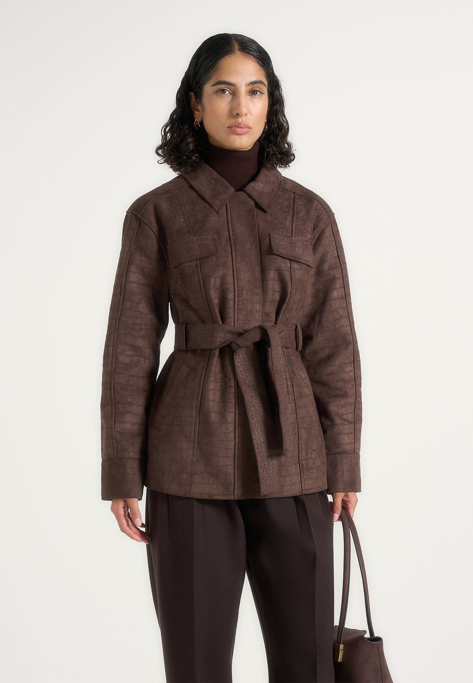 Annika - Croc Suede Belted Utility Jacket - Brown