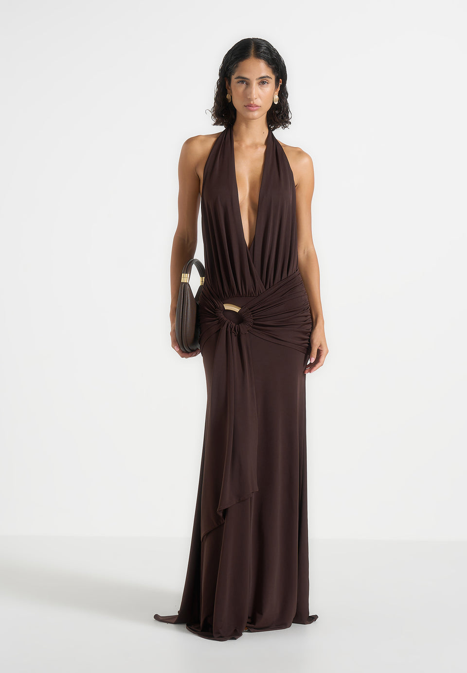 Ida - Plunge Halter Draped Hardware Maxi Dress - Brown