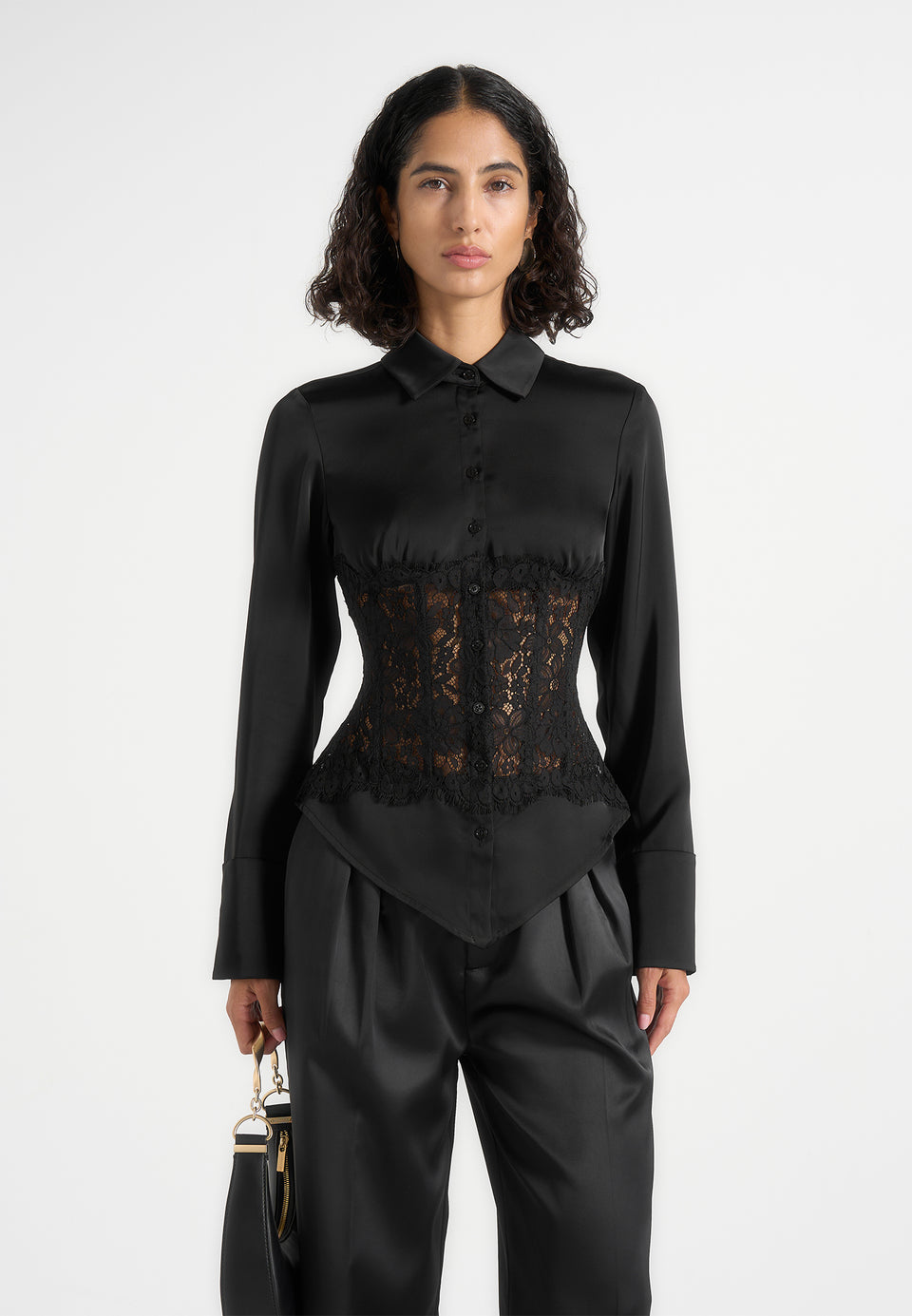 Ethel - Satin Shirt With Lace Corset Panel - Black
