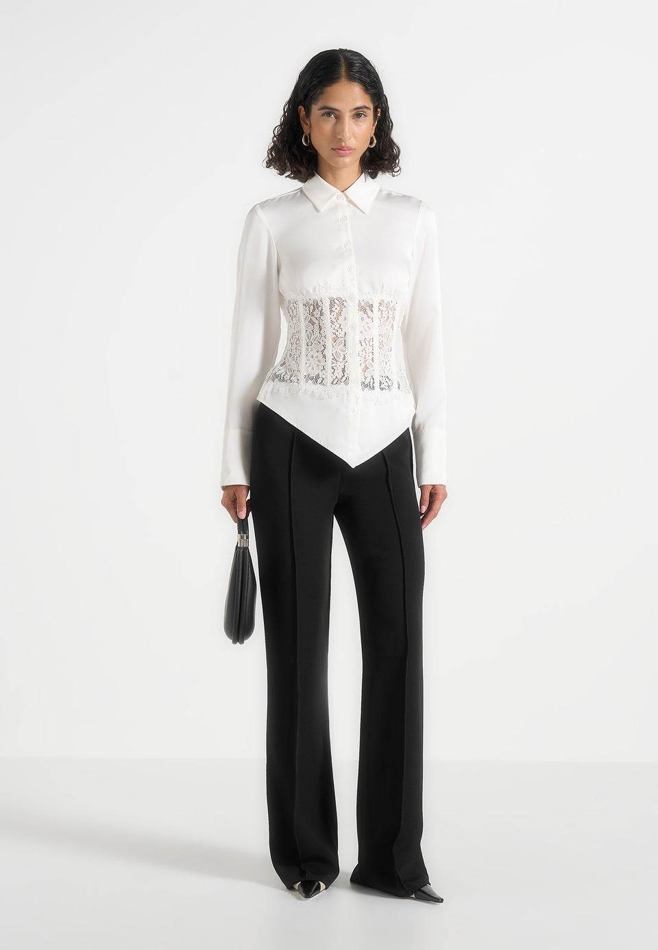Ethel - Satin Shirt With Lace Corset Panel - Ivory