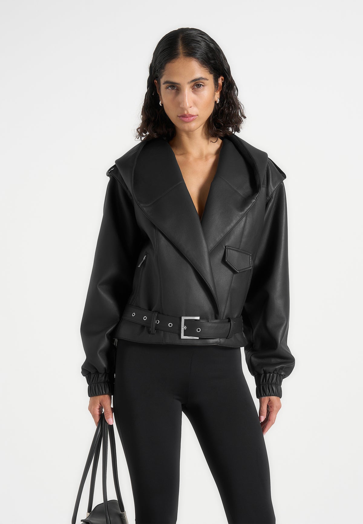 Alanna - Hooded Cropped Leather Jacket With Belt - Black