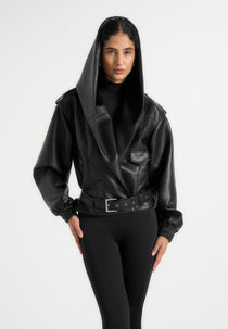 Tamsin - Hooded Cropped Leather Jacket With Belt - Black