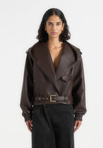 Alanna - Hooded Cropped Leather Jacket With Belt - Brown