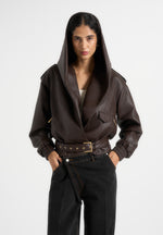 Tamsin - Hooded Cropped Leather Jacket With Belt - Brown