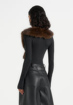 Suki - Fur Collar Long Sleeve Bodysuit - Black / Brown