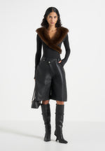 Suki - Fur Collar Long Sleeve Bodysuit - Black / Brown