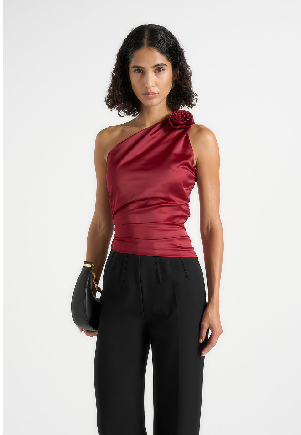 Lilian - One Shoulder Satin Rosette Top - Red
