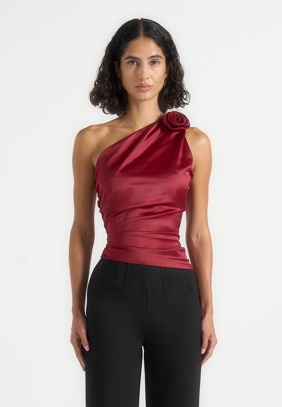 Lilian - One Shoulder Satin Rosette Top - Red
