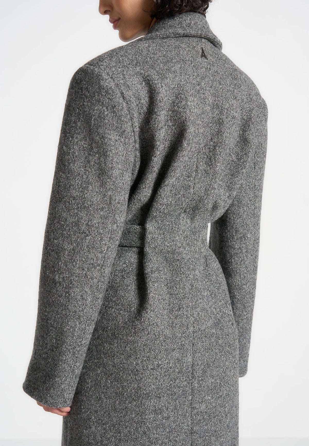Jena - Wide Shoulder Wool Coat with Cinch Belt - Grey