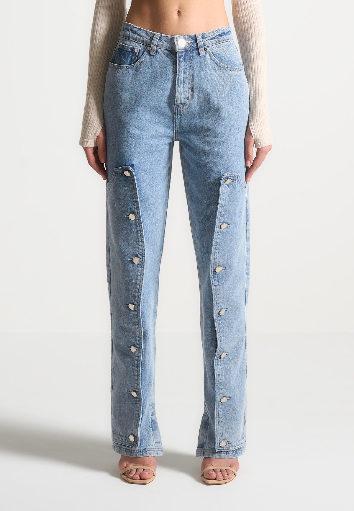 Button Down Overlay Mom Jeans - Mid Blue | Manière De Voir USA