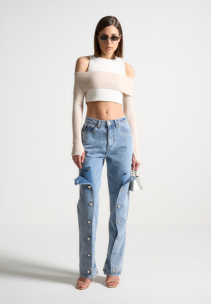 Axelle - Button Down Overlay Mom Jeans - Mid Blue | Manière