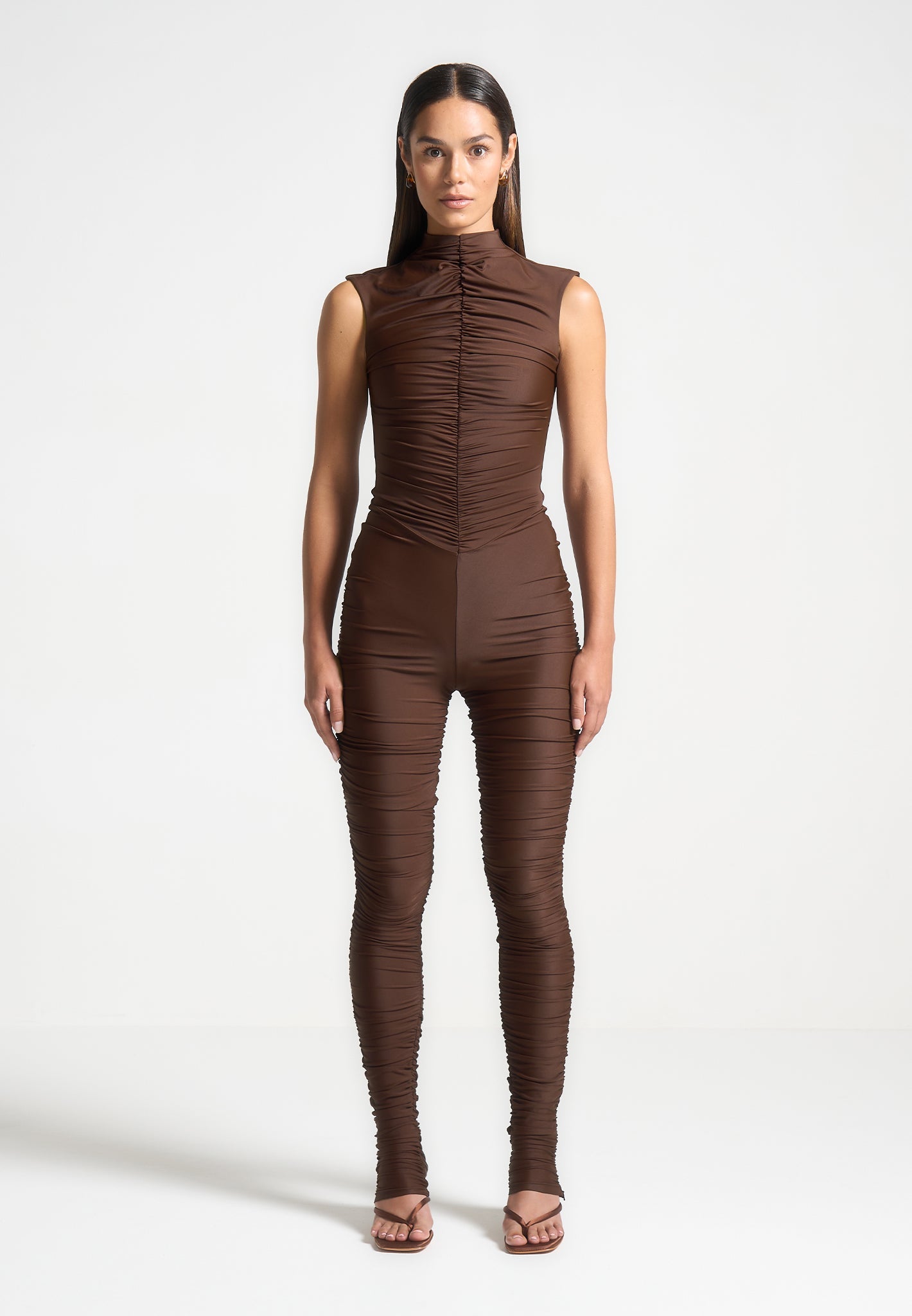 cap-sleeve-ruched-jumpsuit-brown