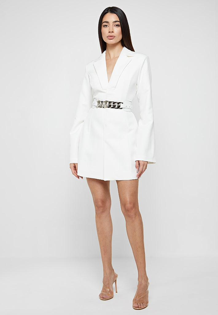 Chain Belted Blazer Dress - White 