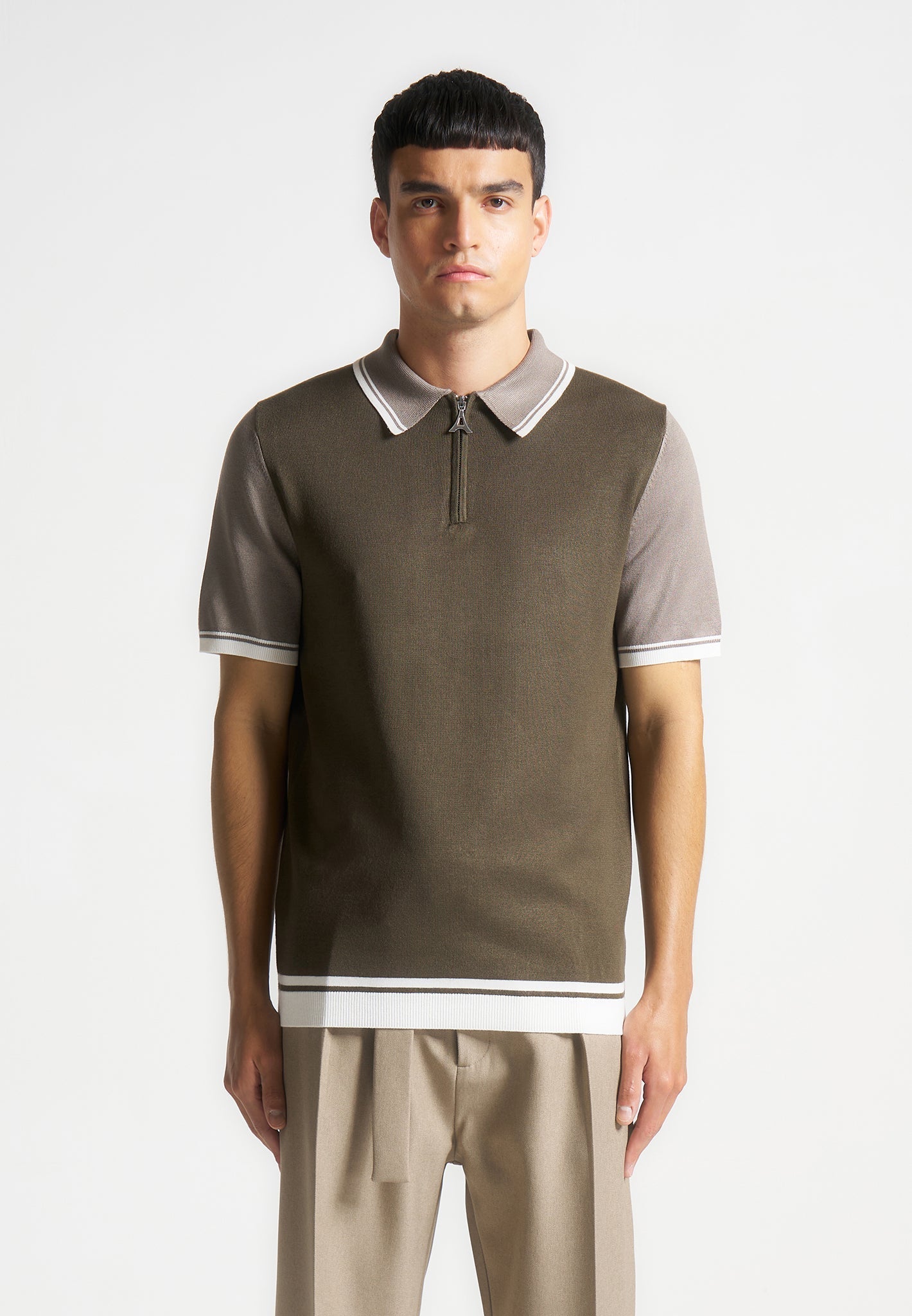 Colour Block Zip Polo Shirt - Khaki | Manière De Voir USA