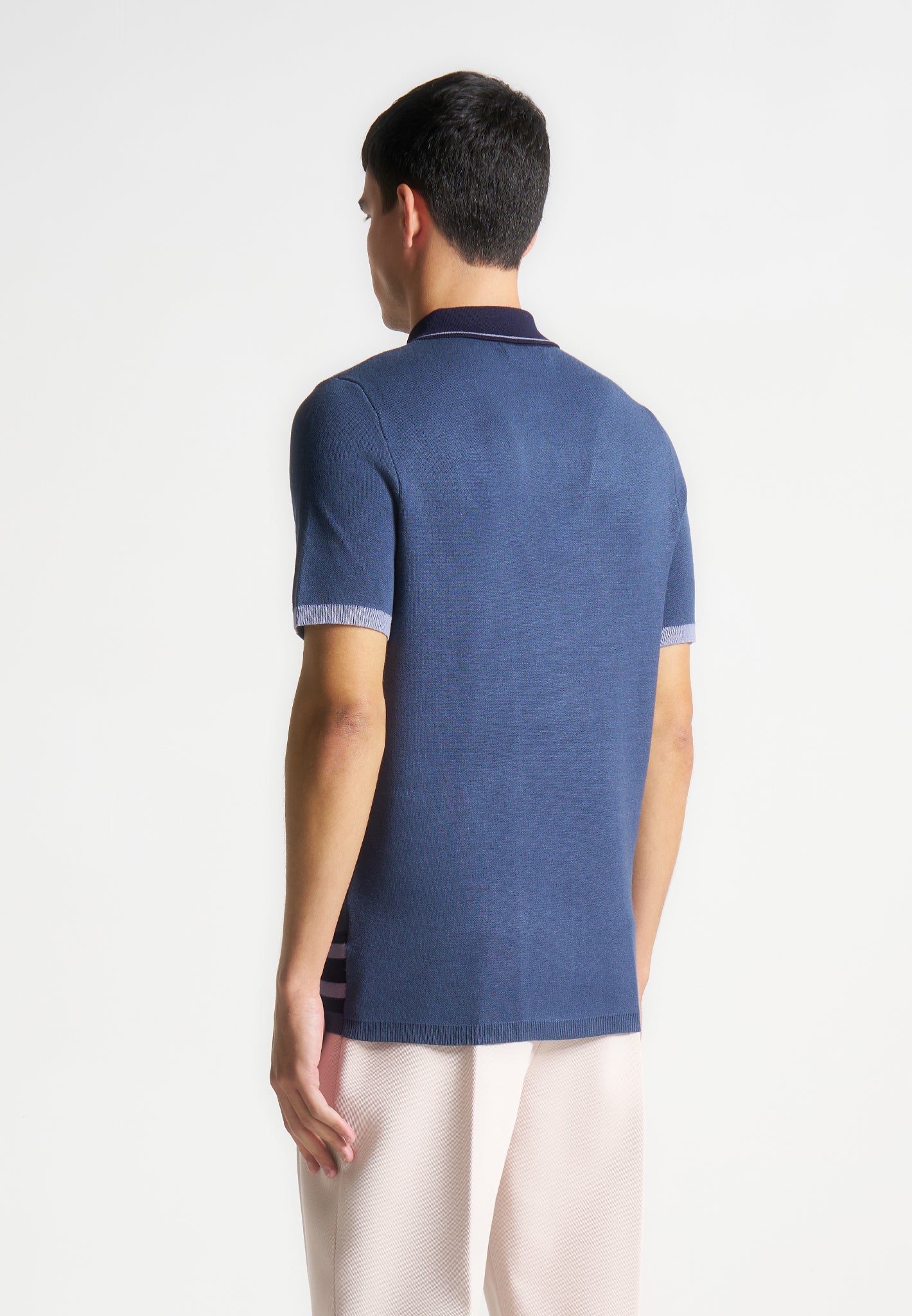 Contrast Border Knit Zip Polo Shirt - Blue | Manière De Voir USA