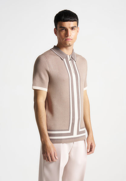 Contrast Border Knit Zip Polo Shirt - Taupe | Manière De Voir USA
