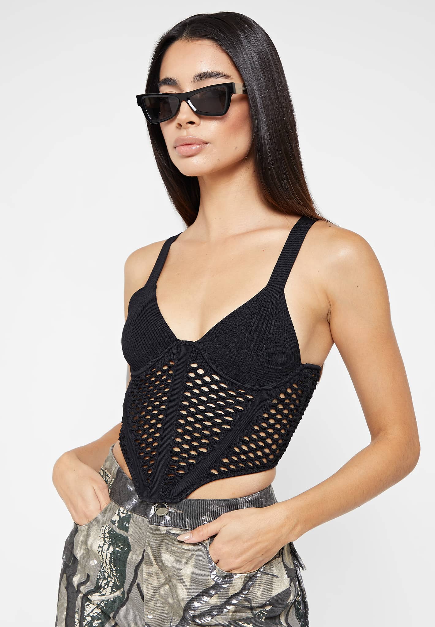 Kyana Corset Top in Black with White Stitch