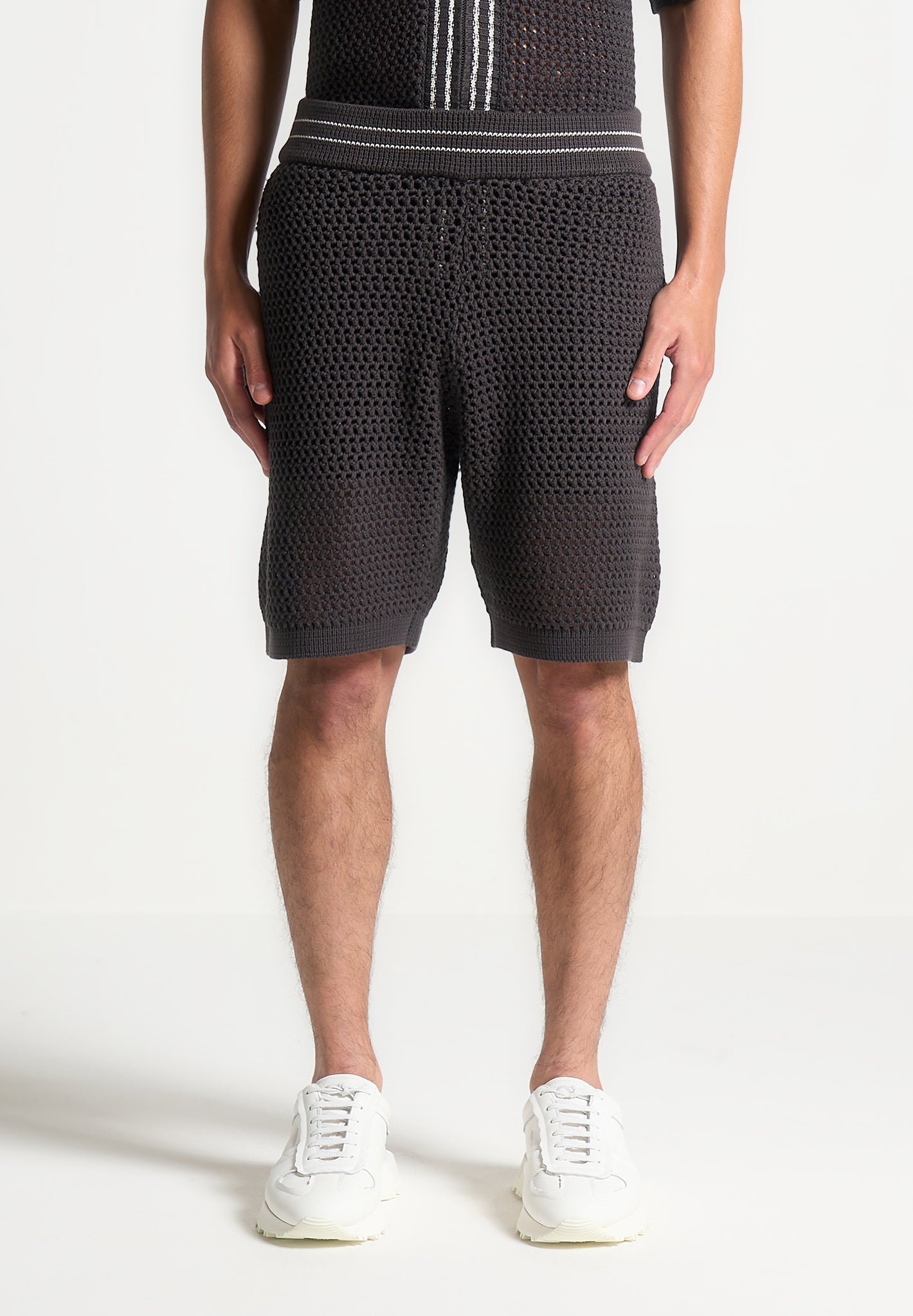 crochet-knit-stripe-shorts-charcoal-grey