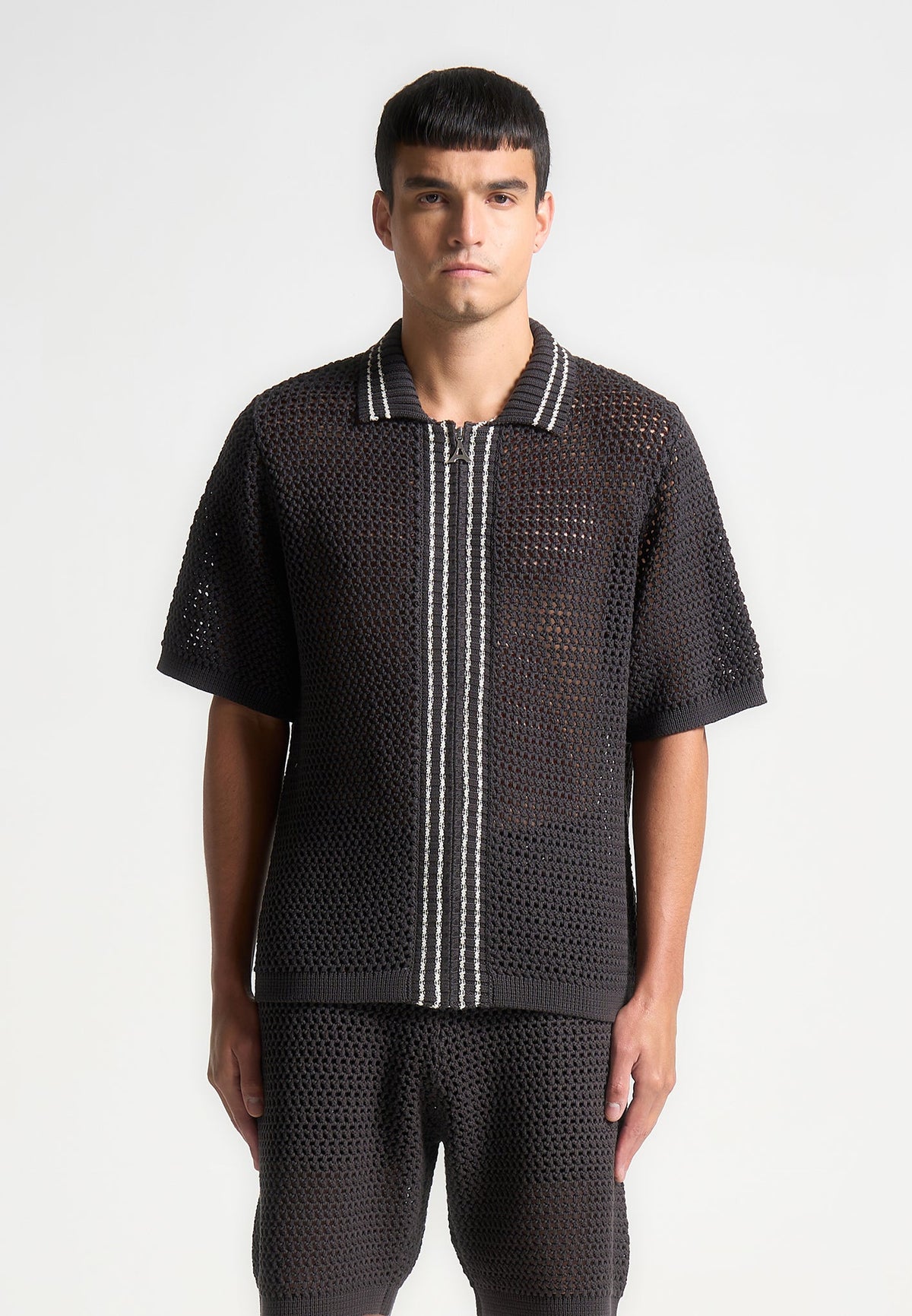 Crochet Knit Stripe Zip Shirt - Charcoal Grey