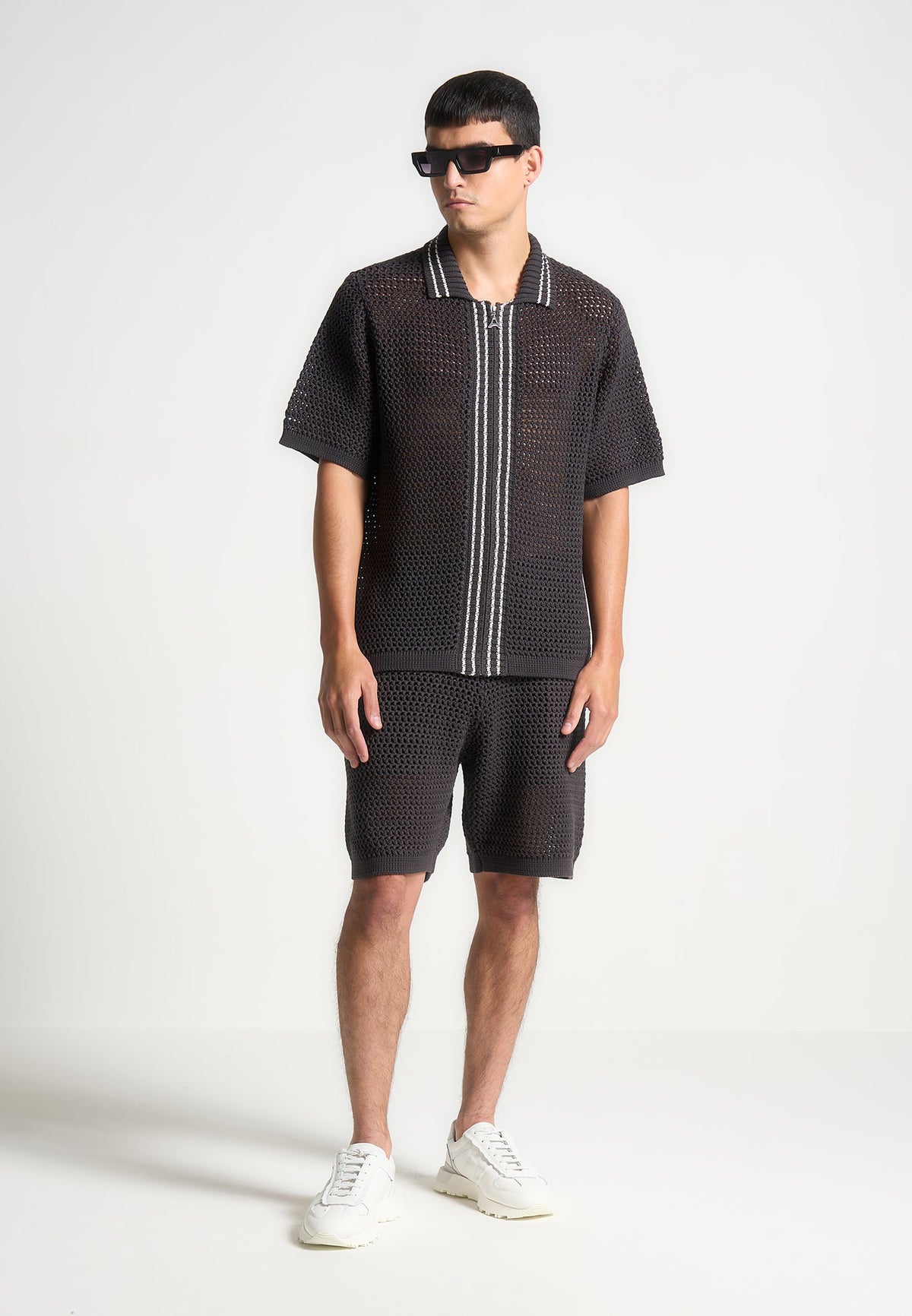 Crochet Knit Stripe Zip Shirt - Charcoal Grey