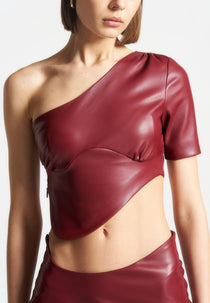 Curved Hem Leather Crop Top - Wine Red