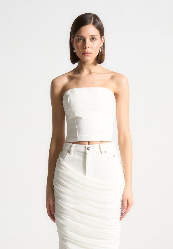 Denim Bandeau Corset Top - Off White
