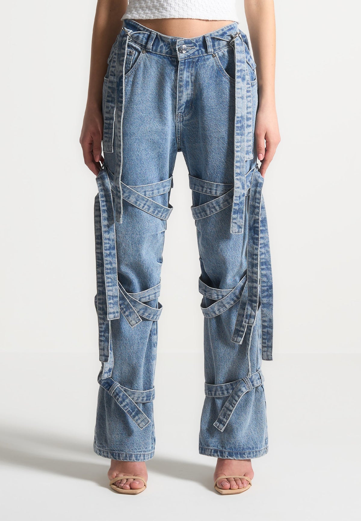 Denim Strap Cargo Jeans - Mid Blue | Manière De Voir USA