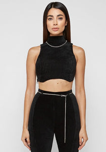 Detachable Chain Ribbed Velour Top - Black