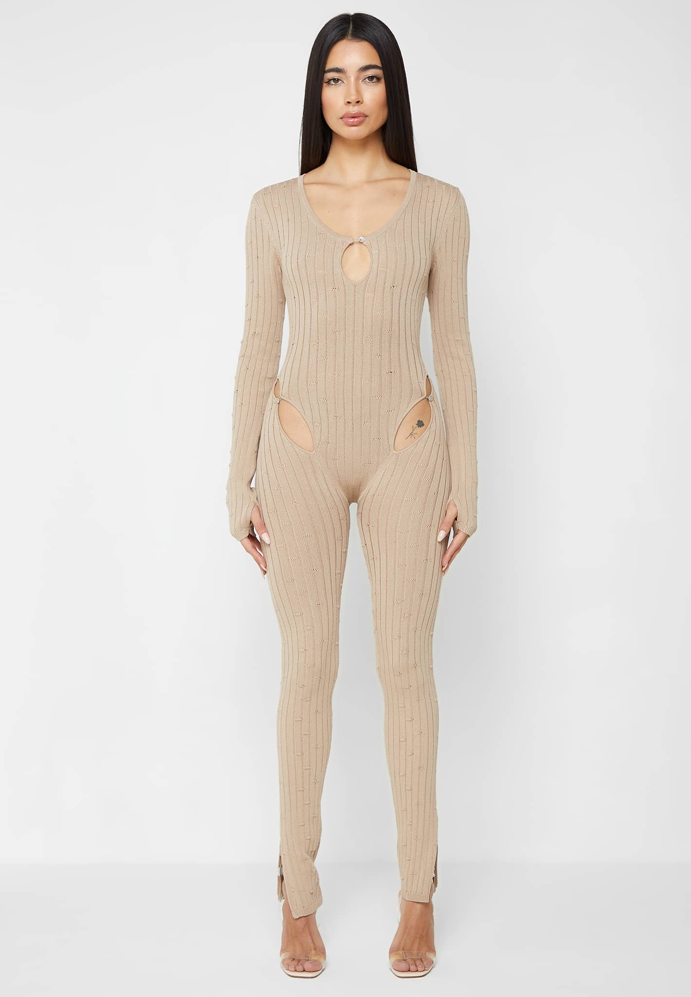 Distressed Knitted Cut Out Jumpsuit - Taupe