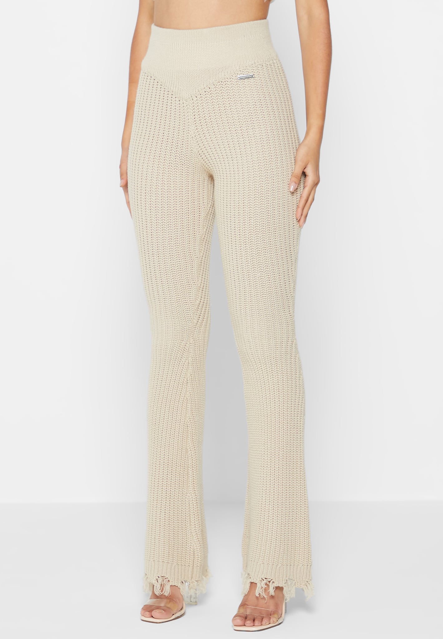Distressed Ribbed-knit Flared-leg Trousers