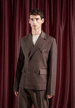 Double Breasted Twill Suit Jacket - Brown