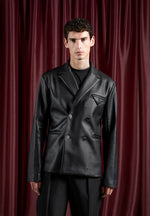 Double Breasted Leather Suit Jacket - Black