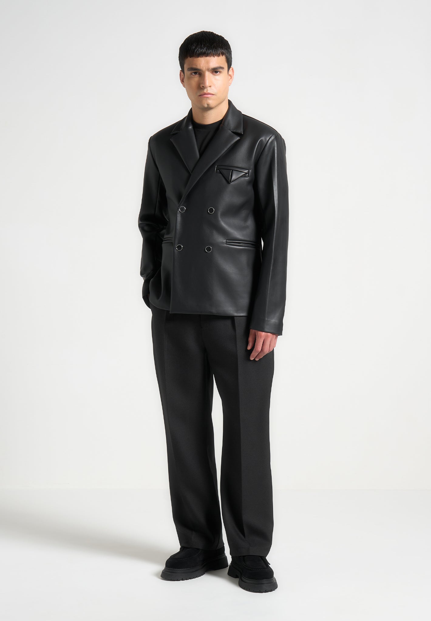 Men's Double Breasted Leather Suit Jacket - Black - S - Didier
